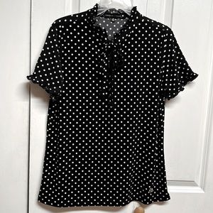 Adrienne Vittadini Black White Polka Dot Print Neck Tie Ruffle Top Size M